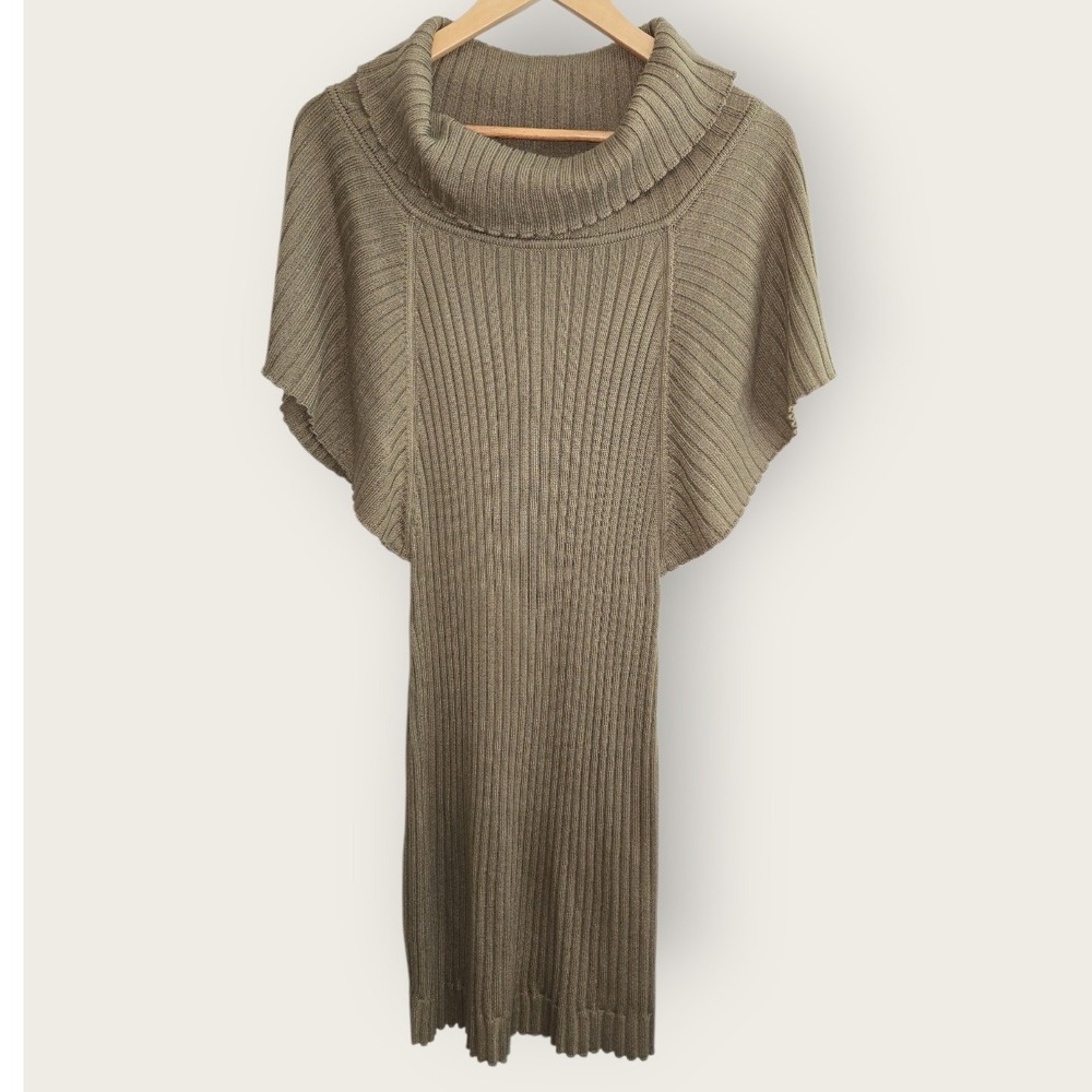Calvin Klein Women's Sweater Dress Cowl Neck Ribbed Short Sleeve Knit Midi Tan M
